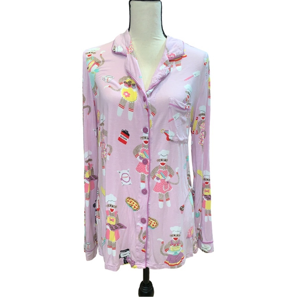 Nick & Nora Sock Monkey Baking Comfy Pajama Top Shirt Pink Purple Gilmore Sz M